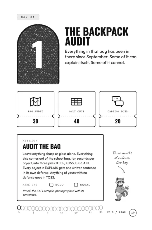 Page 10 of Ugh I am Bored: Day 1, the Backpack Audit, with three missions and a points table.