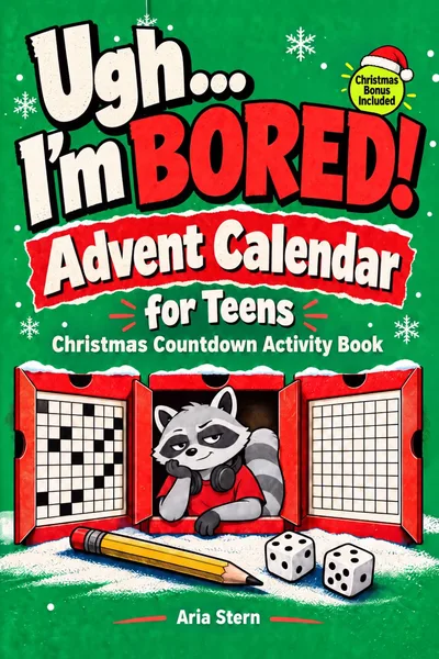 Front cover of the book advent calendar Ugh... I'm BORED! Advent Calendar for Teens by Aria Stern: a bored raccoon in headphones leans out of a red advent door on a green cover, with a pencil and two dice in the snow