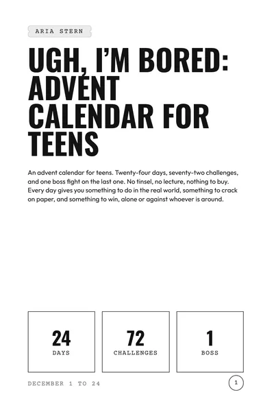 Title page of the advent calendar for teens: 24 days, 72 challenges, 1 boss, December 1 to 24.