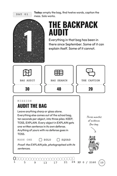Day 1 mission page, The Backpack Audit, from the advent calendar for teens.