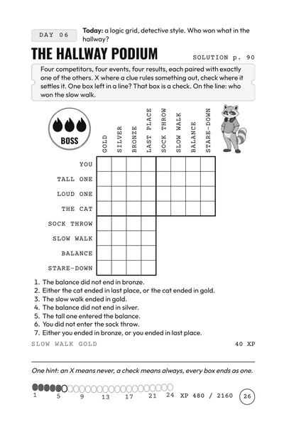 A logic grid puzzle from Day 6 of the advent calendar for teens, rated BOSS, unsolved.