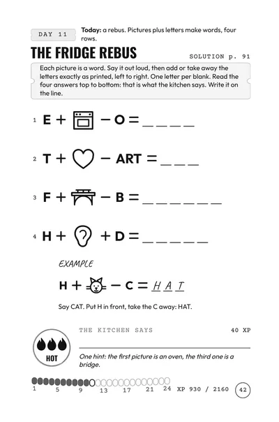 Day 11 puzzle, The Fridge Rebus, picture and letter word puzzles rated HOT, unsolved.