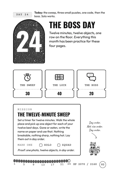 Day 24 mission page, The Boss Day, with the twelve-minute sweep.