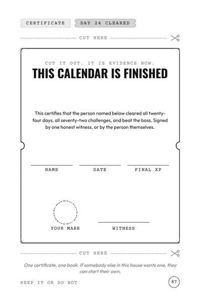 Cut-out certificate page: This calendar is finished, with blank name and date lines.