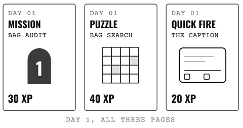 The three Day 1 cards from the rules page: mission 30 XP, puzzle 40 XP and quick fire 20 XP.
