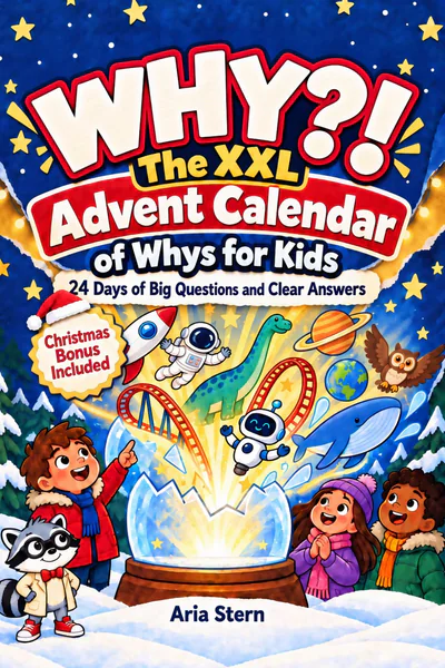 Front cover of WHY?! The XXL Advent Calendar of Whys for Kids by Aria Stern: a starry navy sky, the red and white WHY?! lettering, Professor Murph the raccoon in a lab coat and three cartoon children around a snow globe bursting with a rocket, a whale and a dinosaur