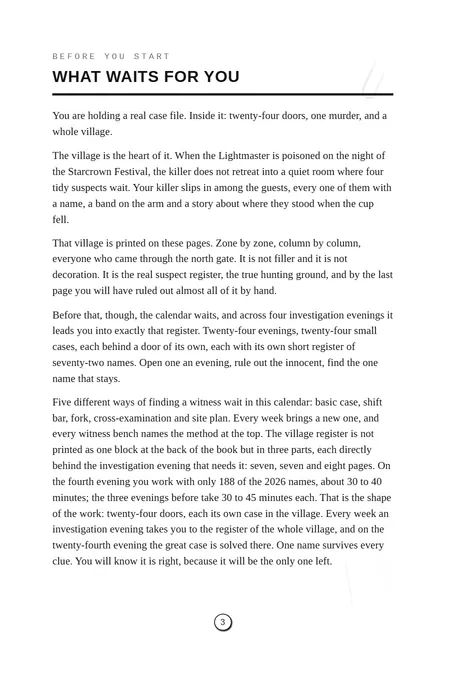 Page 3 of the murder mystery advent calendar: What Waits for You, twenty-four doors, one murder and a village of suspects.