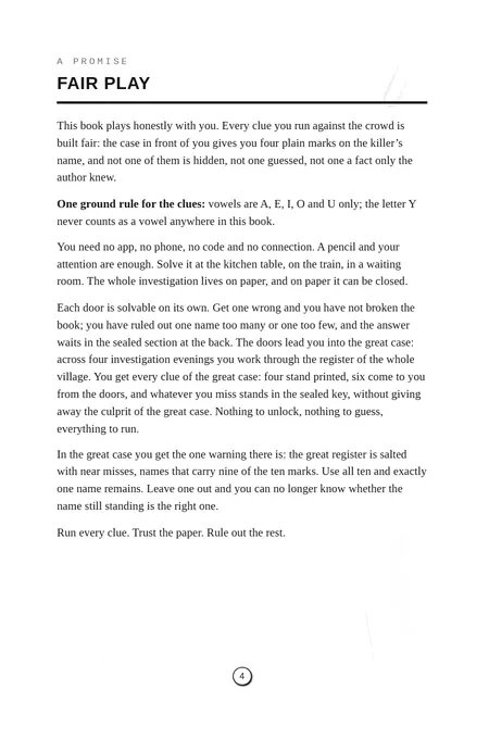 Two facing pages: the Fair Play promise and Inspector Vale Quintero, your partner on the case.