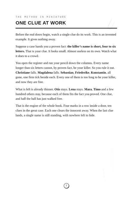 Page 7: one clue at work, a worked example that rules names out of an invented crowd.