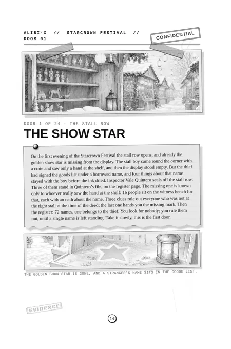Door 1, The Show Star: the case card with a drawing of a snowy market stall and its empty display.