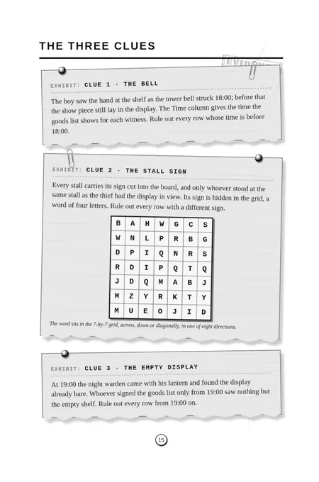 Door 1, The Three Clues: The Bell, The Stall Sign with a 7 by 7 letter grid, and The Empty Display.