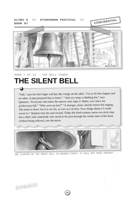 Door 7, The Silent Bell: a case card with a drawing of a bell tower in the snow.