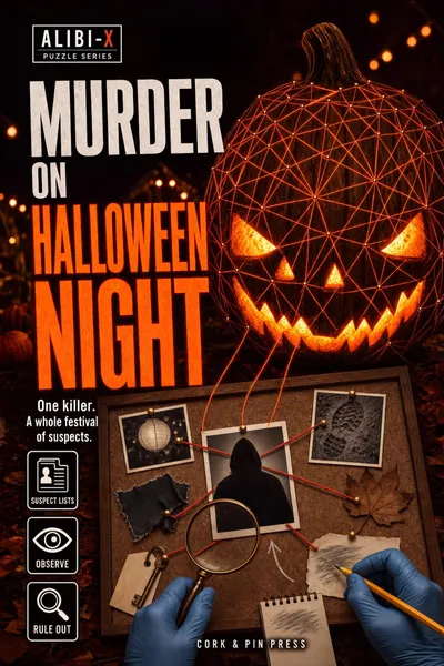 Front cover of ALIBI-X: Murder on Halloween Night by Cork & Pin Press: a glowing carved pumpkin tied in a web of red string above a corkboard of pinned evidence, held by two gloved hands with a magnifying glass and a pencil