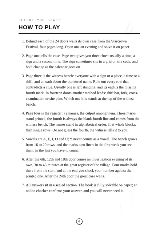 Page 6 of ALIBI-X Solve the Murder Advent Calendar: the how to play instructions.