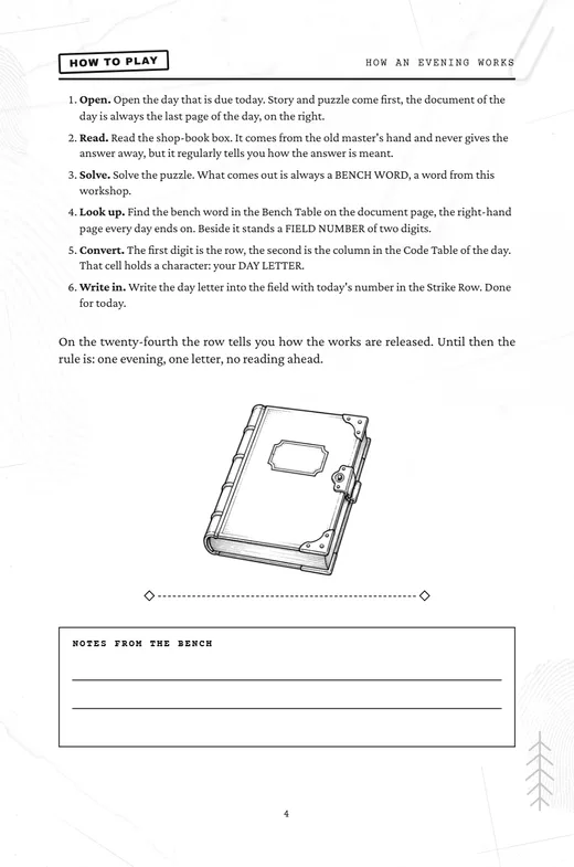 Page 4 of The Mysterious Countdown: the how to play page with a drawing of a notebook.