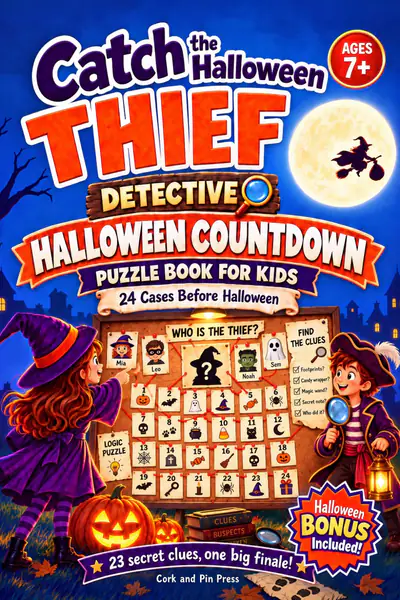 Cover of Catch the Halloween Thief! Detective Puzzle Book for Kids by Cork and Pin Press: a Halloween book with a moonlit corkboard of 24 numbered day cards.