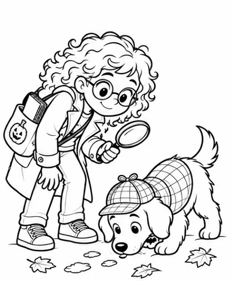 Juno and Pixel from page 4 of the book: Juno bends over with a magnifying glass while Pixel, in a deerstalker cap, sniffs along a trail of autumn leaves.