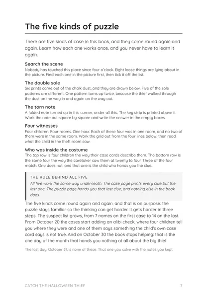 Page 7, The five kinds of puzzle: search the scene, the double sole, the torn note, four witnesses and who was inside the costume.