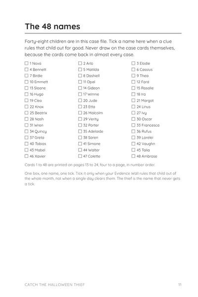 Page 11, The 48 names: a checklist with one empty box for each of the 48 children in the case file.