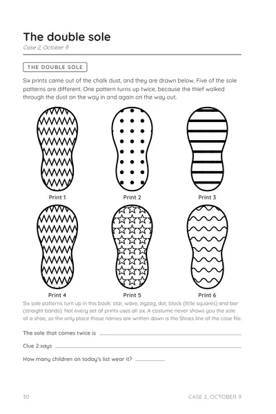 Page 30, The double sole: six drawn shoe prints with different tread patterns.