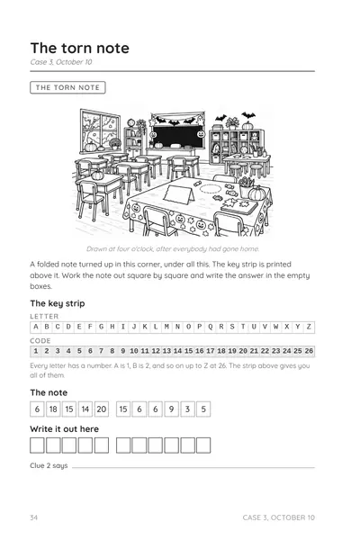 Page 34, The torn note: a classroom drawing, a letter and number key strip, and a coded note to write out.