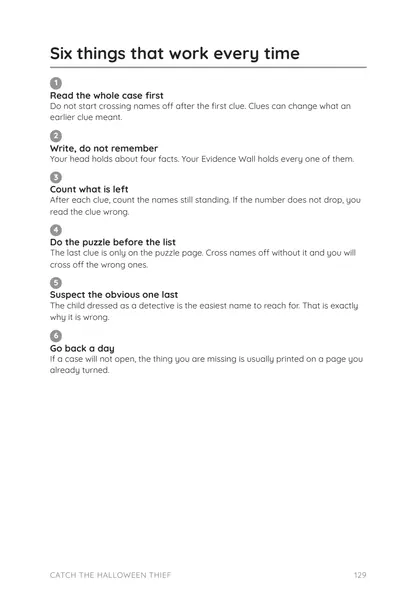 Page 129, Six things that work every time: six numbered tips such as read the whole case first and write, do not remember.