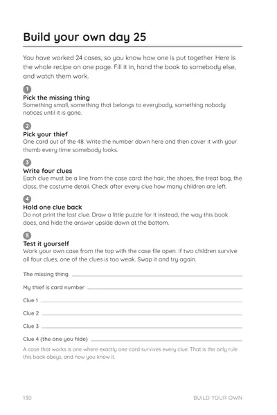 Page 130, Build your own day 25: five steps and blank lines for writing a new case.