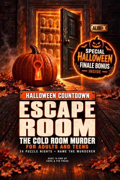 Cover of The Cold Room Murder: an orange-lit cold room door standing open behind a pumpkin with a keyhole cut into it, under the words Halloween Countdown Escape Room.