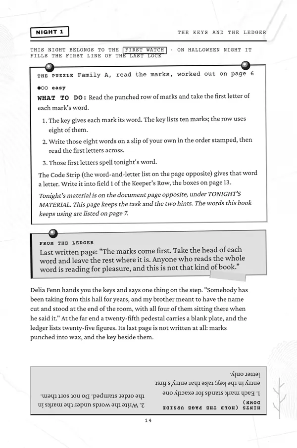 Night 1 spread: story and puzzle on the left page, the key board document on the right.