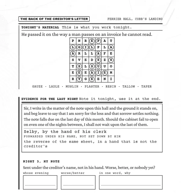 Night 3 document: a letter grid with small printed rings and a list of trade words.