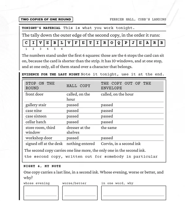 Night 4 document: a tally strip of letters and a table comparing two copies of the same round.