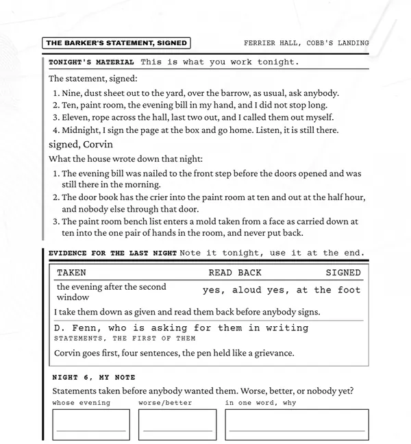 Night 6 document: a numbered statement signed by Corvin, with evidence notes below.
