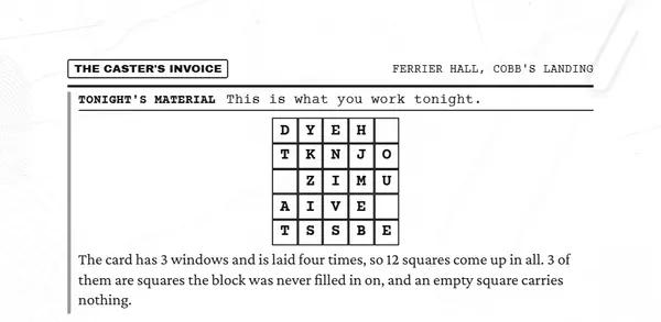 Detail of Night 13: a small letter block from the caster's invoice.