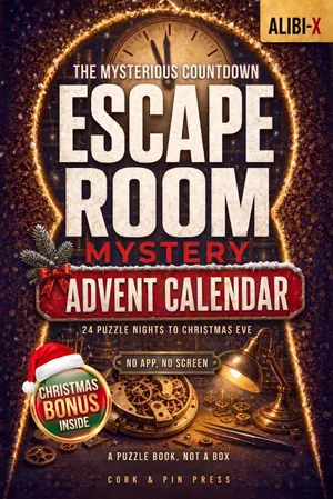 Front cover of The Mysterious Countdown by Cork & Pin Press: a glowing keyhole, a brass clock face at five to midnight, and the words Escape Room Mystery Advent Calendar