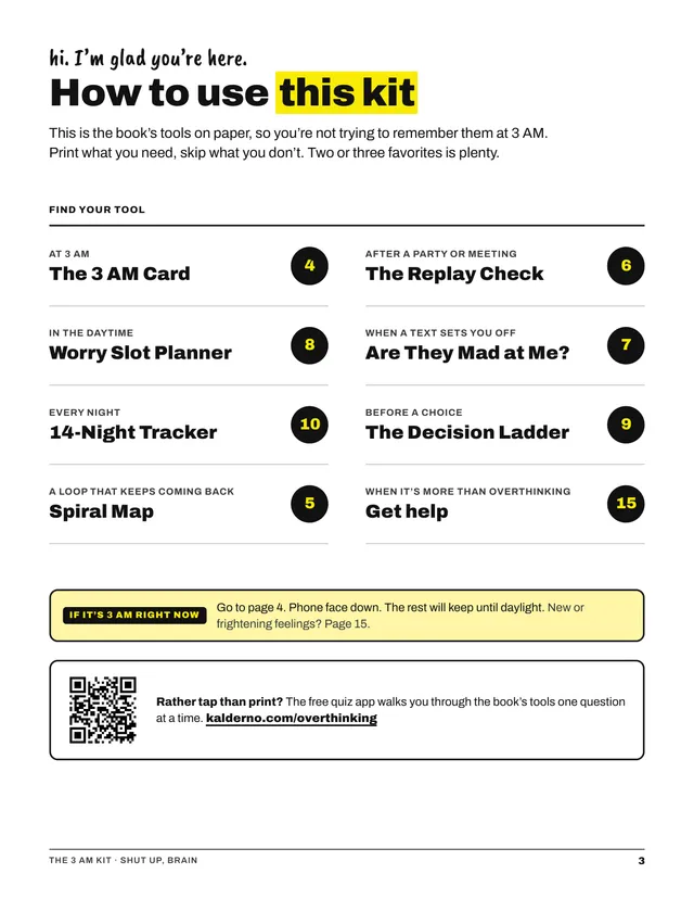 Kit page 3, How to use this kit: an index of the tools with their page numbers.