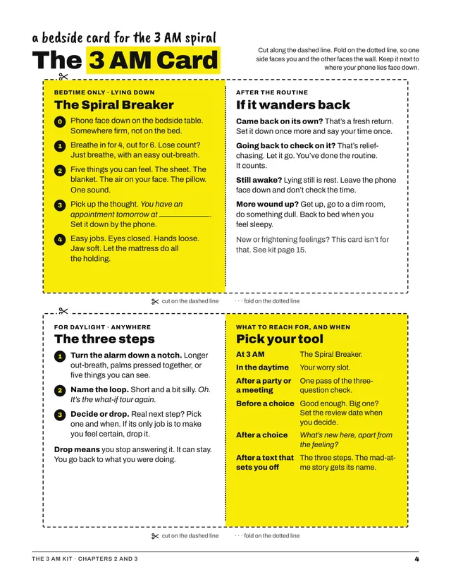 Kit page 4, The 3 AM Card: the Spiral Breaker bedside routine on one half, the three steps and a pick-your-tool table on the other, in yellow and black.