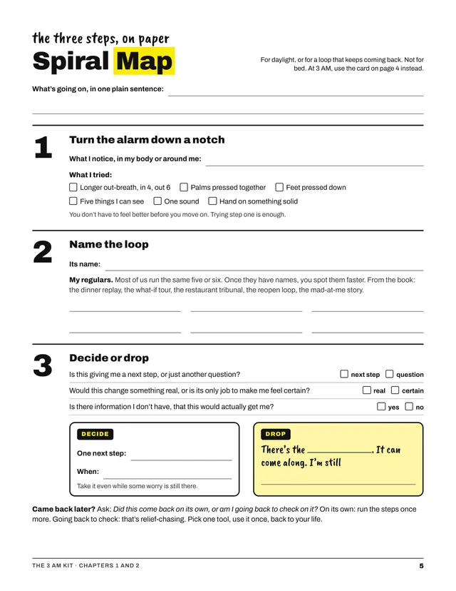 Kit page 5, the Spiral Map worksheet: turn the alarm down a notch, name the loop, decide or drop.
