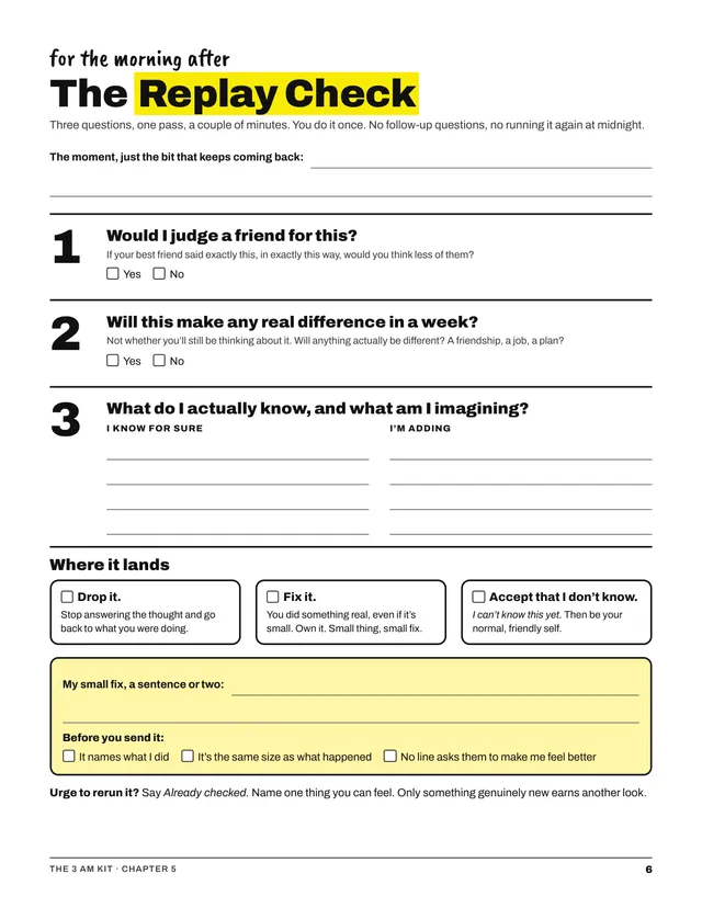 Kit page 6, the Replay Check: three questions for the morning after a social event.