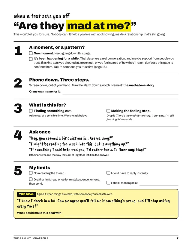 Kit page 7, the "Are they mad at me?" worksheet: a moment or a pattern, then ask once.