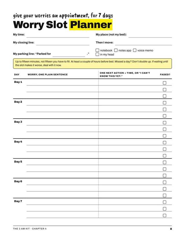 Kit page 8, the Worry Slot Planner: seven days, one worry appointment a day.