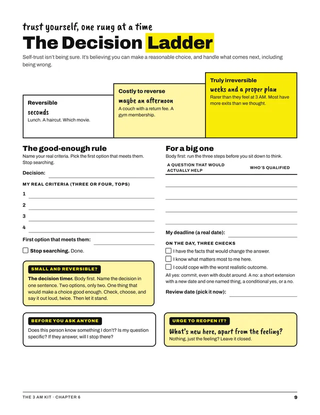 Kit page 9, the Decision Ladder and the good-enough rule.