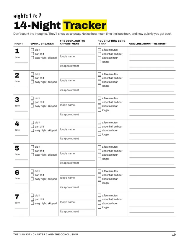 Kit page 10, the 14-Night Tracker for nights 1 to 7.