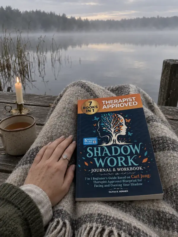 A left hand with a silver ring rests beside a dark blue journal on a wool blanket on a jetty at a misty lake.