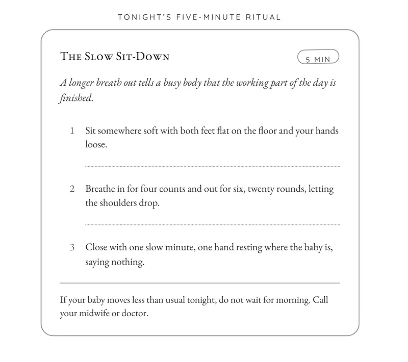 The ritual card on page 13, The Slow Sit-Down, with three numbered steps and the care line