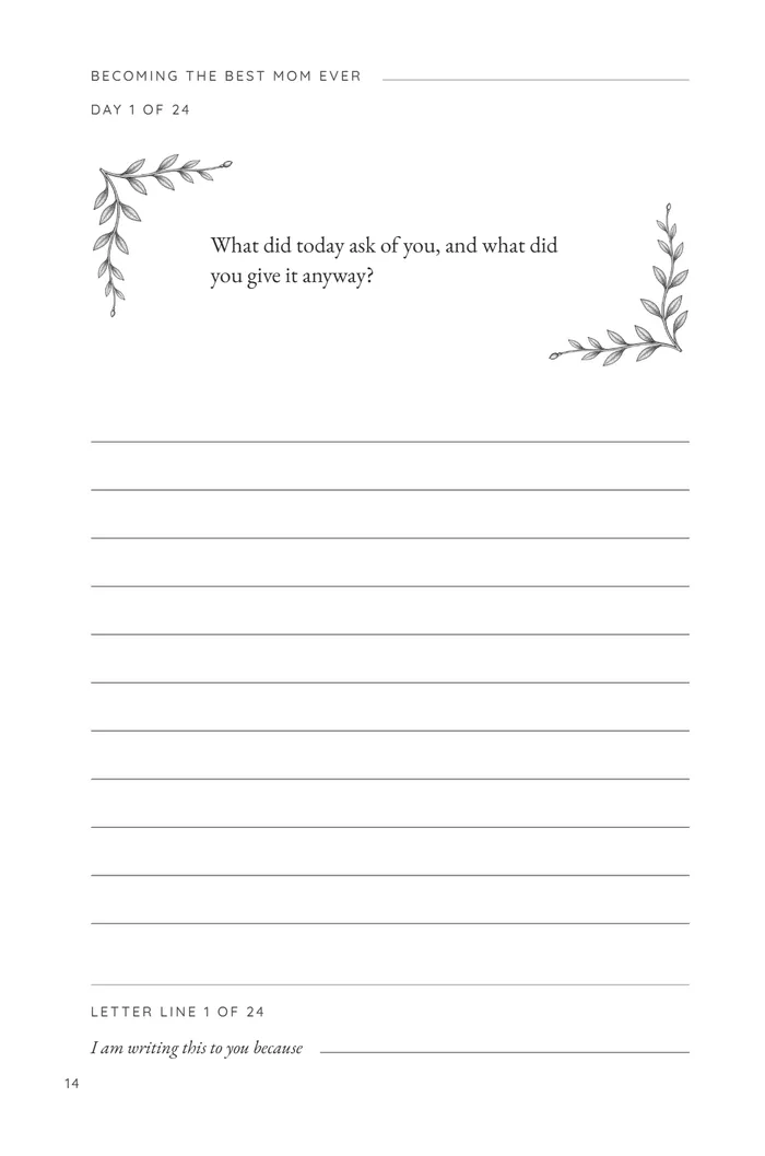 The keepsake page on page 14, with its prompt, ruled lines and Letter line 1 of 24
