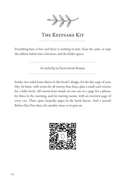 Page 116, the Keepsake Kit page with its QR code and short link