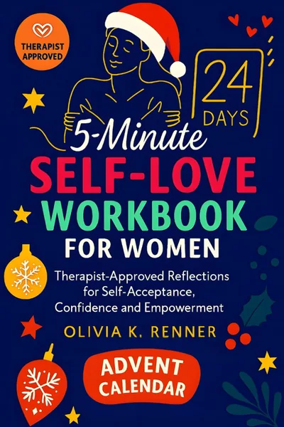Cover of Self Love Workbook for Women: Advent Calendar by Olivia K. Renner, a navy self love advent calendar workbook with a line drawing of a woman in a Santa hat