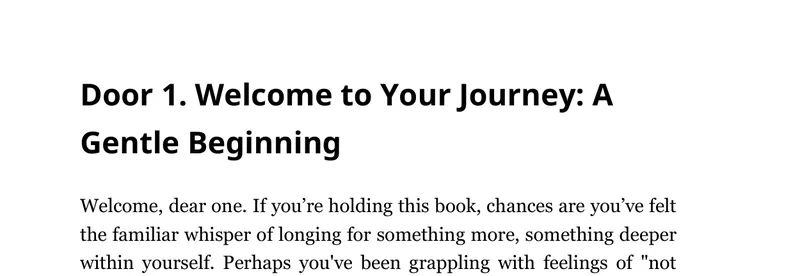 The top of page 4: the heading Door 1. Welcome to Your Journey: A Gentle Beginning and the first lines of the essay