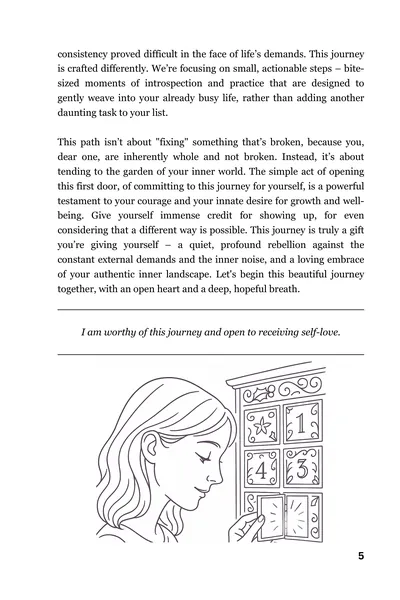 Page 5, the end of the Door 1 essay, its affirmation and a drawing of a woman opening an advent door