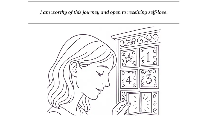 The Door 1 affirmation on page 5, I am worthy of this journey and open to receiving self-love, above a drawing of a woman opening a numbered advent door